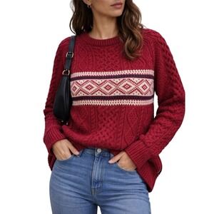 LL Bean Signature Sweater Womens M Red Cable Knit Fair Isle Side Zip 510983
